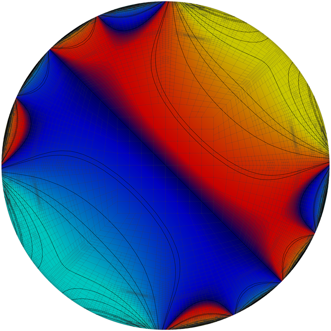 Grid and solution of the ninth cycle with contour lines.
